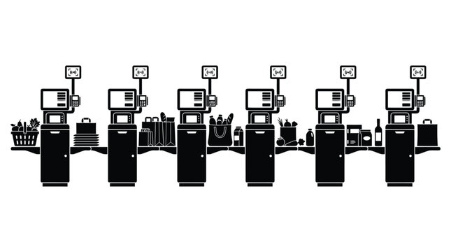 Self checkout lanes silhouette against a white background retail technology illustration