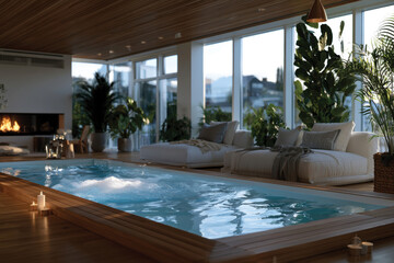 Fototapeta premium An elegant indoor spa with a peaceful hot tub, abundant natural light, and stylish seating that creates a haven of tranquility and rejuvenation for self-care enthusiasts.