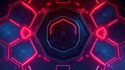 Obraz premium Futuristic tunnel design. Hexagonal shapes glow with vibrant blue, red neon lights. Dark background emphasizes geometric patterns.