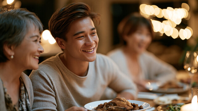 A family at a dinner table laughing as a grandmother serves an absurdly giant portion to a visiting foreign son-in-law who looks politely overwhelmed, warm indoor lighting, ideal