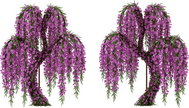 Vector bundle of purple flowering trees, assorted ice cream, milk fruit splashes, grape juice, green apple drinks, and shaped fruit