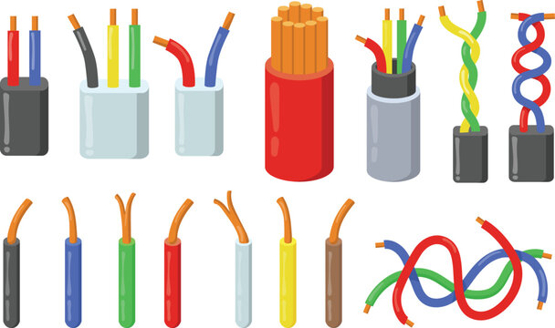 Vector illustration of flexible connection hardware components showing different electrical cable wire types vector