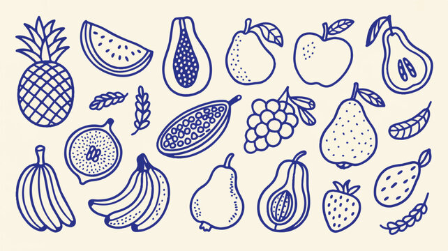 An illustration of various fruits including pineapple, pear, grapes, and banana