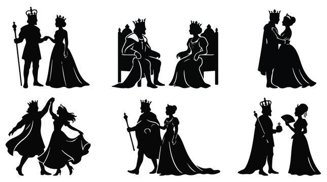 Black silhouettes of royal people with crowns and scepters