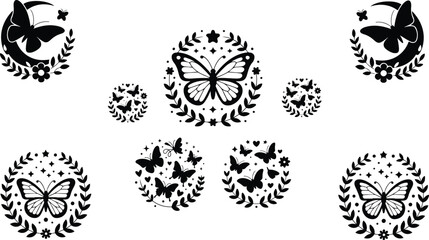 Witchy boho moon and butterfly element collection isolated on white background containing circular floral framing decals and esoteric magic illustrations. © Mehg
