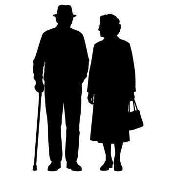Vector illustration. Silhouette of an elderly man and woman. Husband and wife. Pensioners.