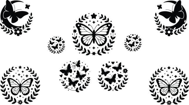Witchy boho moon and butterfly element collection isolated on white background containing circular floral framing decals and esoteric magic illustrations.