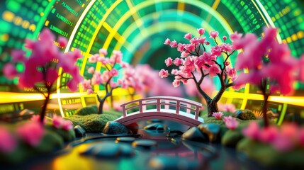 Obraz premium Miniature Japanese garden scene. Pink blossoms frame arched tunnel, vibrant code backdrop. Rocks, water, bridge create serene view.