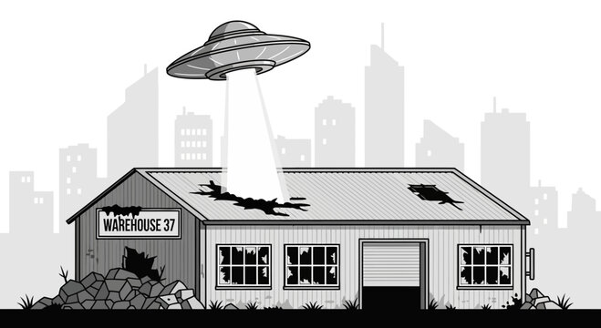 UFO Abducting Warehouse 37, Alien Invasion Over City Skyline, Retro Sci-Fi
