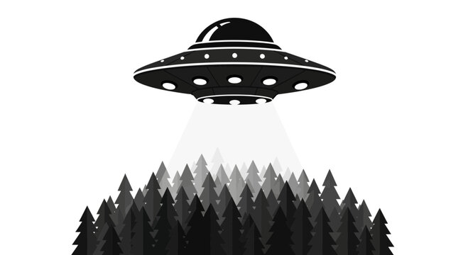 UFO hovering over dark forest, beam of light descends, World Ufo Day