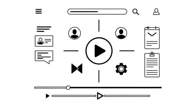 UI UX Design Elements: Play Button, Search Bar, User Icons, Calendar, Settings