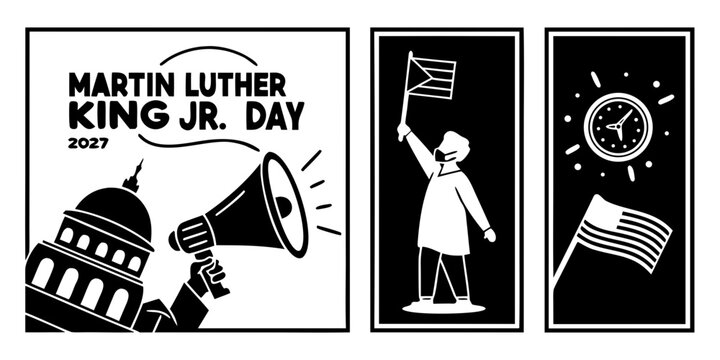 USA, US, U.S - Three panel graphic illustration depicting martin luther king jr day with megaphone building landmark protester with flag and united states flag design civil rights black and whi