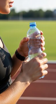 An athlete is holding bottled water.