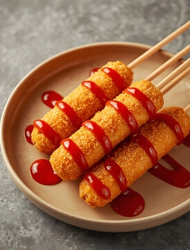 Crispy golden corn dogs on wooden sticks arranged on a plate