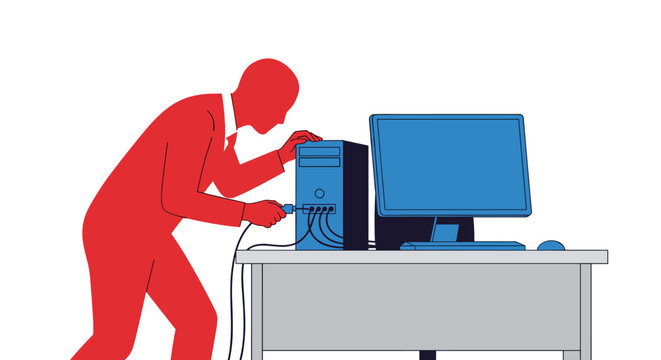 Businessman troubleshooting computer hardware, connecting cables to pc tower and monitor, IT support and data repair concept, office workstation