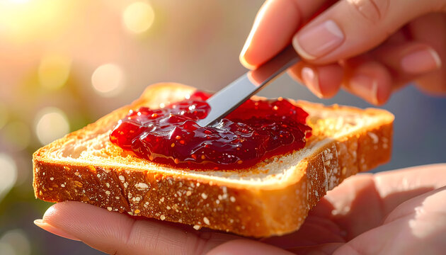 Hand spreading jam on toasted bread macro shot cozy breakfast fresh homemade food detail