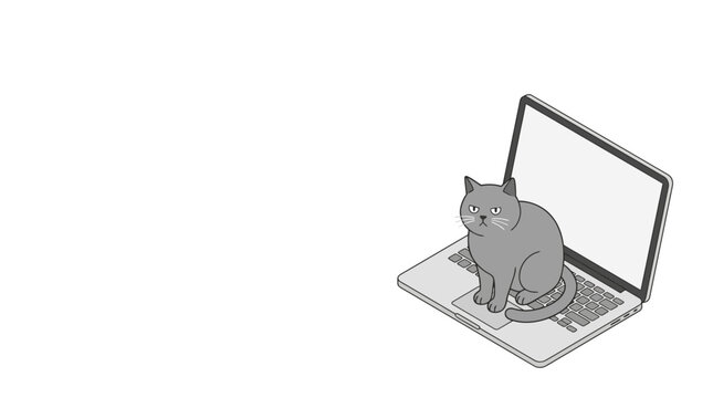A cute cartoon cat sitting on an open laptop computer.