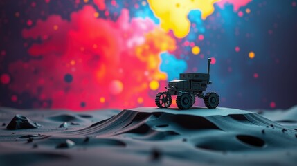 Obraz premium Futuristic rover explores alien landscape. Vibrant colors dominate background, creating dramatic scene. Low poly style adds unique aesthetic.