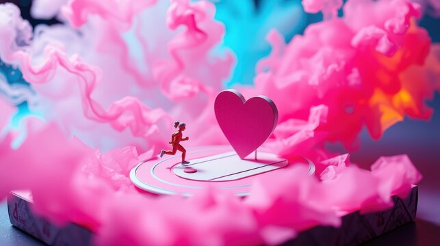 Miniature runner pursues large heart. Vibrant pink, blue smoke surrounds scene. Dramatic lighting creates surreal atmosphere.