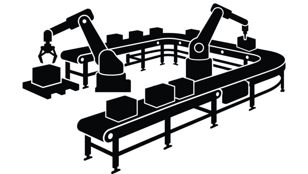 Automated Assembly Line With Robotic Arms Black Silhouette On White Background
