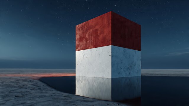 Minimalist Red and White Cube Monolith in Night Desert Landscape
