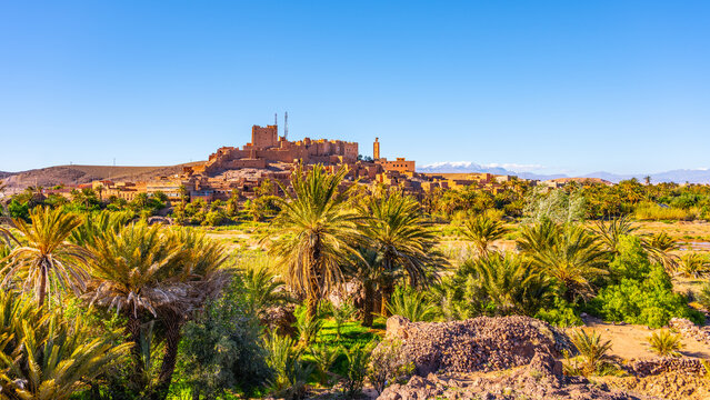 Visitors stroll near Tifoultoute Kasbah fortress, surrounded by palm trees and a green oasis. Snow-capped mountains can be seen in the background under a clear blue sky.