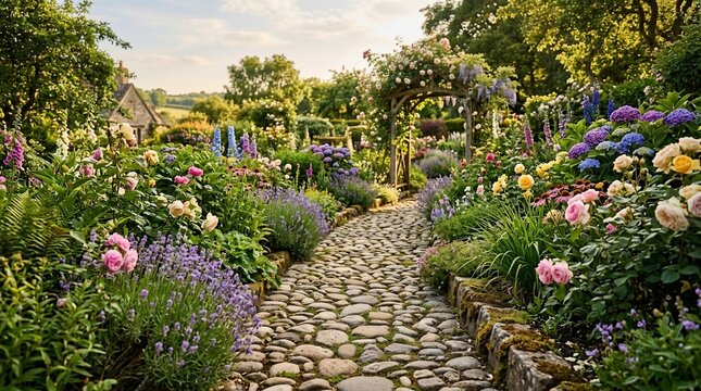 Beautiful garden pathway with vibrant flowers and lush greenery