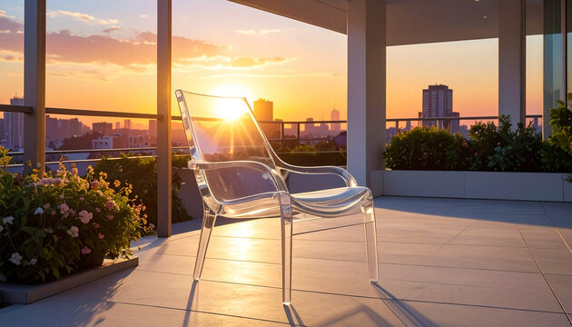 Transparent chair sunset cityscape