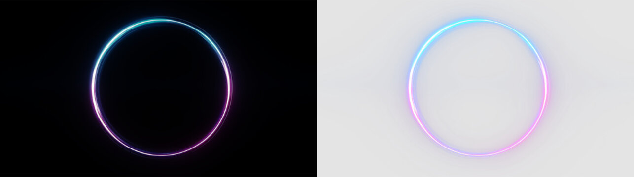 Circular design with neon lighting isolated on transparent and black background, for modern digital use and graphic projects, light overlay, PNG