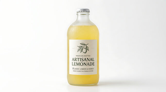 Frosted glass bottle of artisanal lemonade with a premium label, showcasing its refreshing citrus and honey blend.