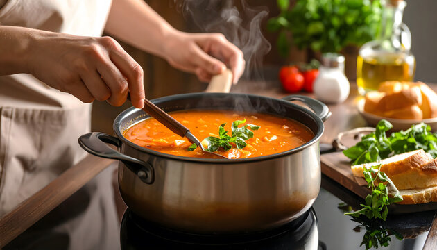 Stirring hot soup in pot homemade comfort food cooking process warm kitchen atmosphere scene