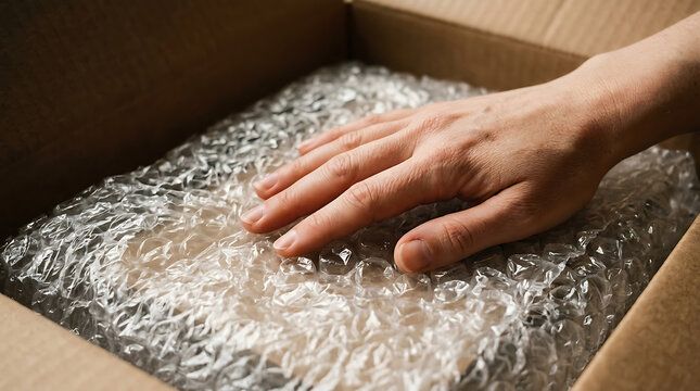 Unboxing a delivery Human hand carefully inspects contents wrapped in protective bubble packaging
