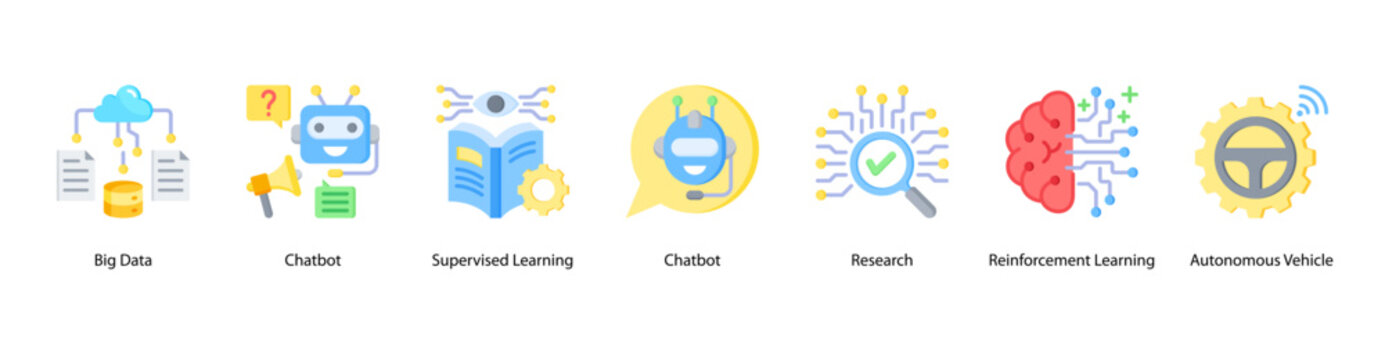Data and Learning web banner icon vector illustration featuring Big Data, Chatbot, Supervised Learning, Research, Reinforcement Learning, and Autonomous Vehicle.