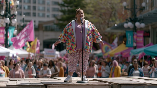 Fat acceptance advocate speaks on a makeshift urban stage at a spring festival, crowd of mixed body sizes cheering, colorful protest banners catching afternoon wind, vibrant