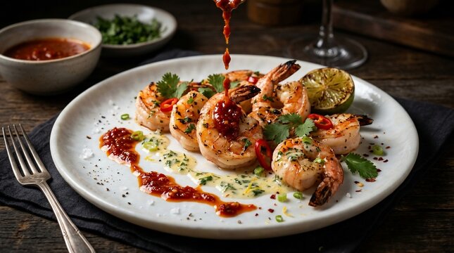 Shrimp with chili sauce on plate with herbs and lemon