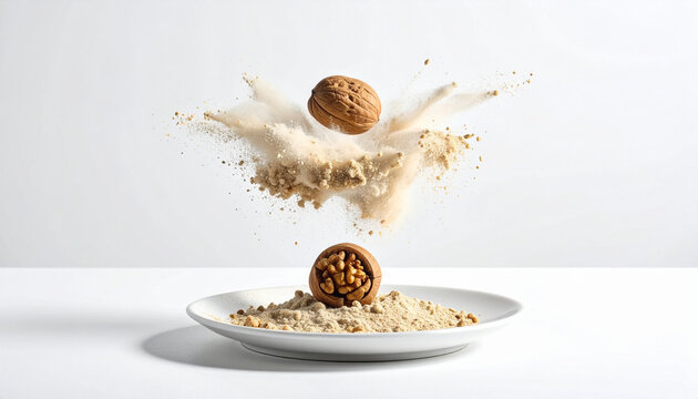 Walnuts powder explosion food photography