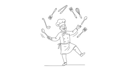 A cheerful chef juggling various kitchen utensils in a hand drawn sketch style. © mbah
