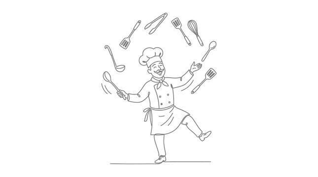 A cheerful chef juggling various kitchen utensils in a hand drawn sketch style.