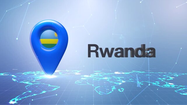 Rwanda Flag Inside Location Pin On Digital World Map Animation