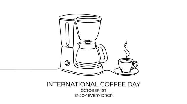 Continuous line art illustration of a coffee maker and a cup of coffee for International Coffee Day.