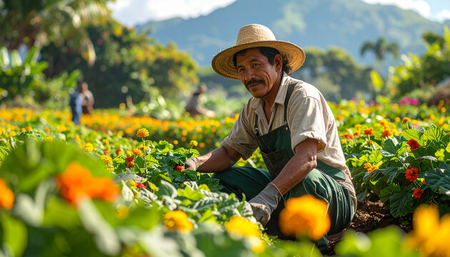 Farmer tending vibrant flower garden