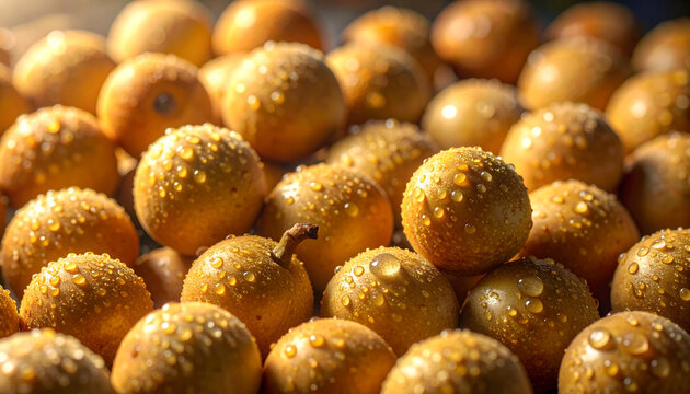 Fresh golden fruits with droplets