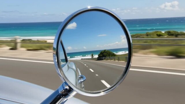 Close Up of Car Side View Mirror with Reflection of Moving Coastal Highway Landscape