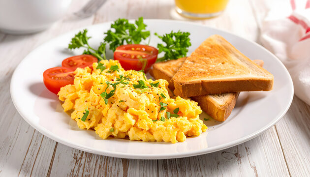 Scrambled eggs and toast breakfast plate fresh homemade morning meal comfort food scene