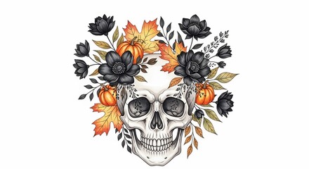 Fototapeta premium Autumn's Embrace: A Skull Crowned in Sepia Blooms