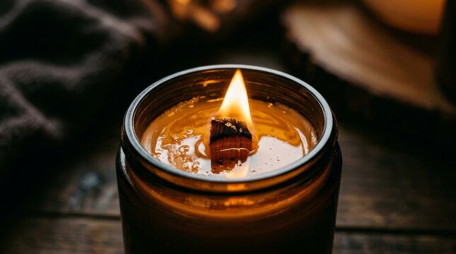 A lit candle glows inside a glass jar on a wooden table.