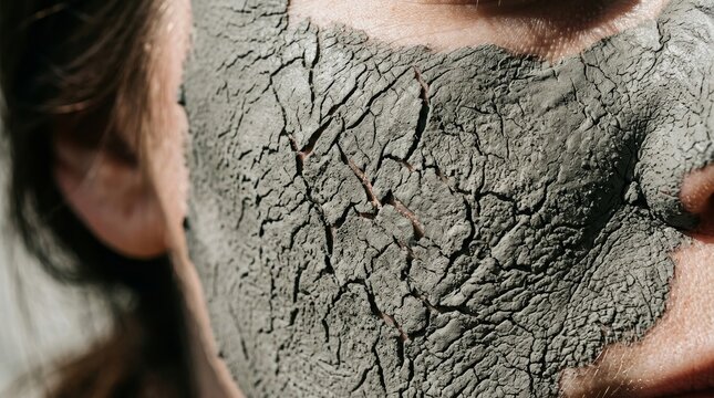 This is a close up of a face covered in cracked mud.