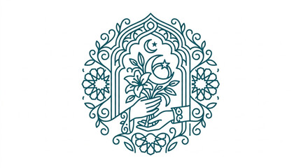 Islamic floral ornament with crescent moon and hand holding flowers. © Kucing