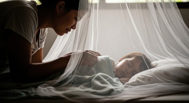 Mother tucking in her sleeping child under a mosquito net. Caring woman watching over a toddler resting on a bed. Parenting, childhood, love, safety and bedtime routine at home.