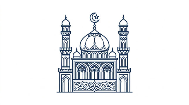 Islamic Mosque Building with Minarets and Dome.